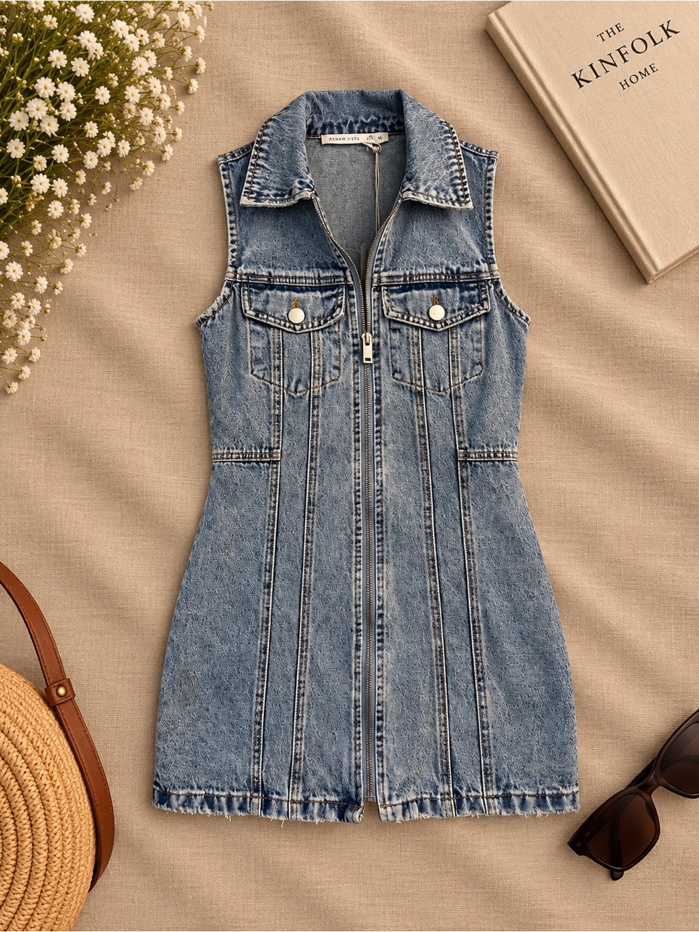 NWT Altar'd State Light Blue Sleeveless Denim Zip Dress